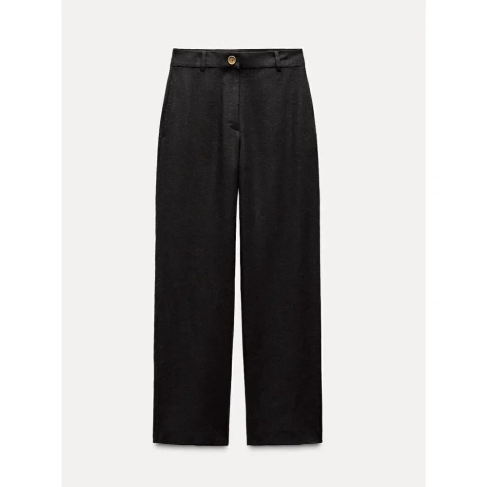 Zara Women Dress Pants Size S Black Wide Leg Linen Blend Flat Front 8017/369 NWT